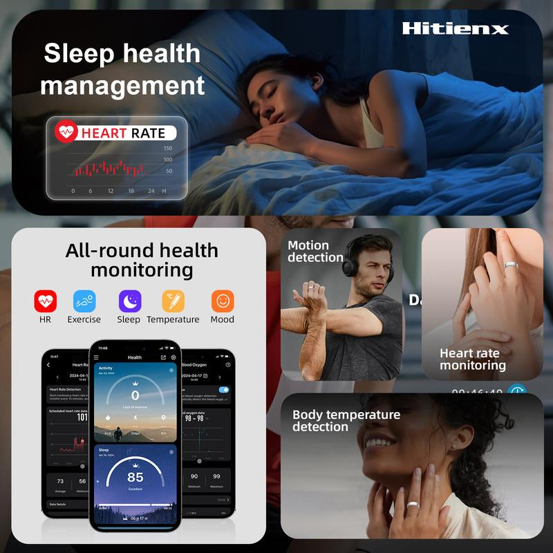 Smart Ring - Health Monitoring Device with Heart Rate, Calories, Sleep, Menstrual Cycle, Stress, Mood and Exercise Data for Men and Women, Wireless Fitness Tracker, No Surcharge, Android Ios Compatible